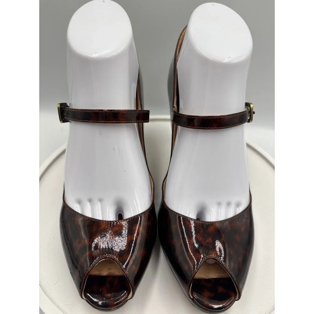 Cole Haan Nike Air Heels 9AA Brown Tortoiseshell Mary Jane Peep Toe Patent